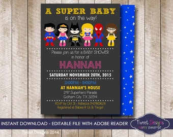 SUPERHERO Baby Shower Invitation, INSTANT DOWNLOAD Superhero Baby Shower Invitation, Superhero Baby Shower, Edit yourself with Adobe Reader