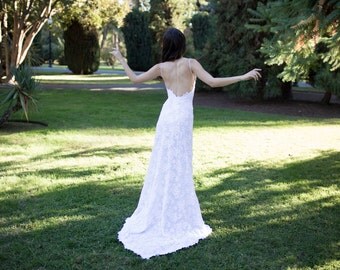 Lowback Wedding Dress, French Lace Wedding Dress, Spaghetti Strap Wedding Dress, Boho Wedding Dress - Fiona Dress