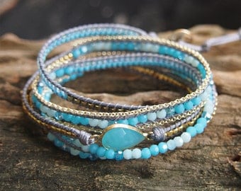 Tiny Blue mix wrap bracelet, Friendship bracelet, Boho bracelet, Bohemian bracelet, Beadwork bracelet