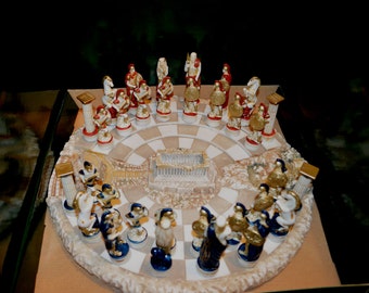 Chess set alabaster carved Acropolis battle board and red blue warrior figures
