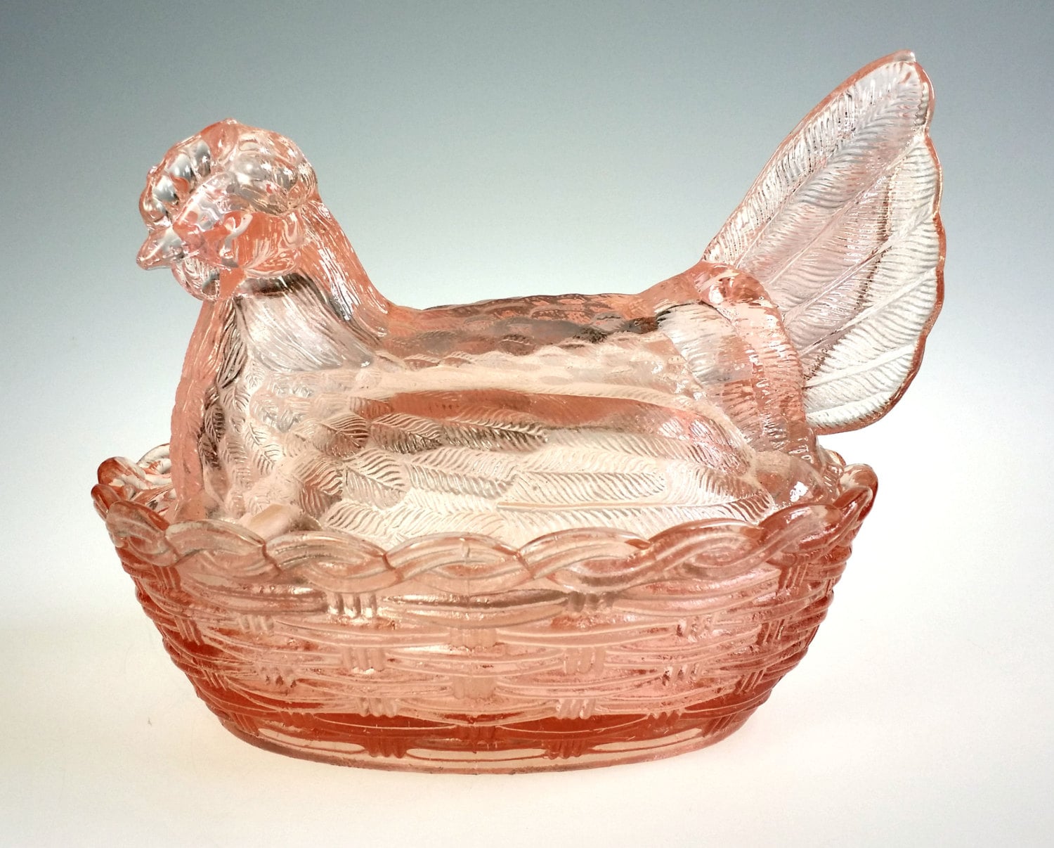 Pink Glass Chicken Hen on Basket Nest Eggs by WeStartedWithAMouse