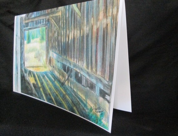 shadows and light inside old barn/ colored pencil card print