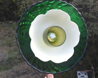 Glass Flower Yard Art/Plate Flower Garden Art: Emerald Peonie