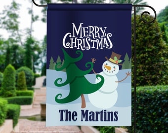 Merry Christmas Winter Snoman Scene Personalized Holiday Garden Flag Yard Sign Banner Decor Decoration Personalize with your Family Name