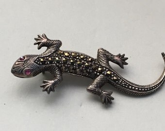 Vintage Sterling Silver Lizard Pin, 925 Brooch, Sterling, Marcasite Brooch, Gecko Pin, Salamander, Oxidized Silver, Ruby Glass Eyes, 2" Long