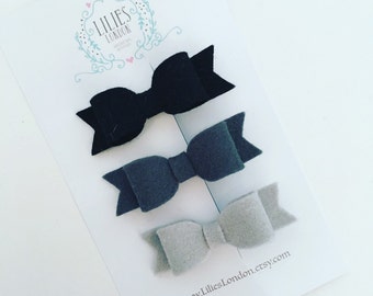 School hair bows, women's hair slides, hair accessories, wool felt hair bands, toddler headbands, black hair clips, small hairbow, grey bows