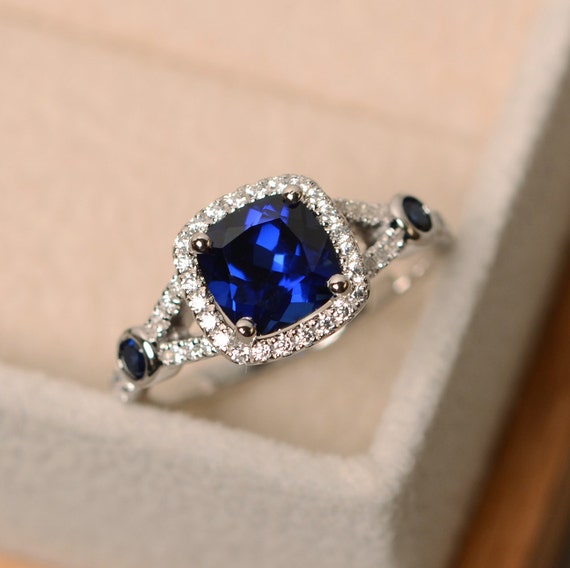 Sapphire engagement ring cushion cut blue sapphire ring