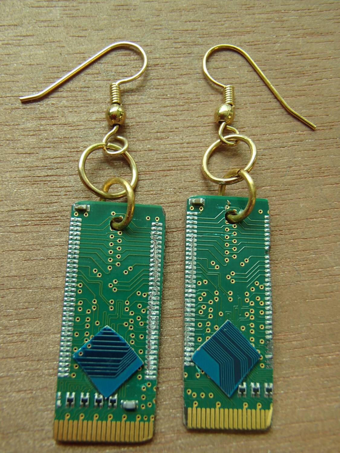 Circuit Board Earrings. Green with Blue Diamonds.