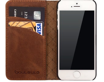iPhone SE / 5 / 5S Wallet Geniune Leather Case, iPhone SE Leather Wallet Case, Perfect for Essential Cards & Cash, Books Style In AnticBrown