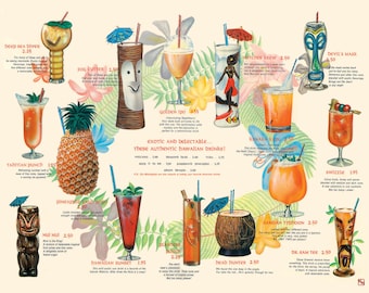 Vintage Hawaiian Tiki Drink Menu Print 11"x14"