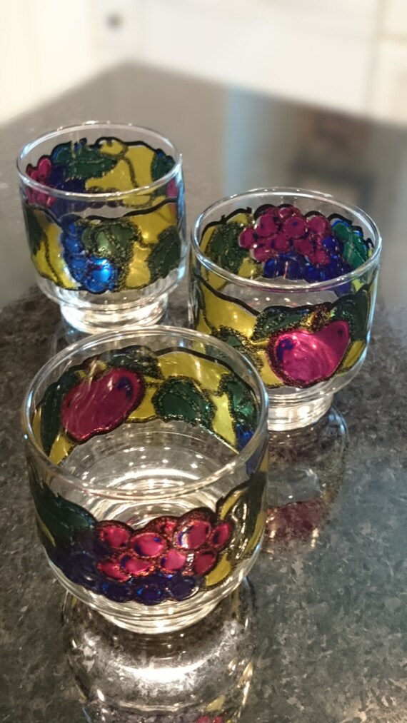 3 Libbey Stained Glass Design Glasses/ Fruit Stained Glass