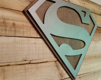 Superman Sign With Dark Maple Backdrop Metal Style Sign MDF Board Cut Out Logo With Faux Metal Finish Reclaimed Pallet Wood 43"x19"