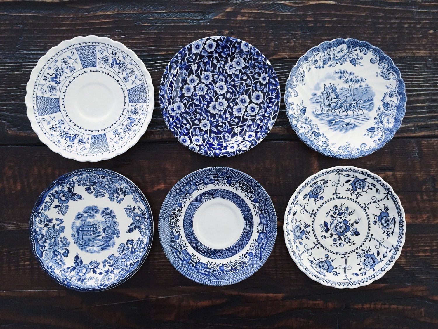 Vintage Blue and White Transferware Saucers Set of Six