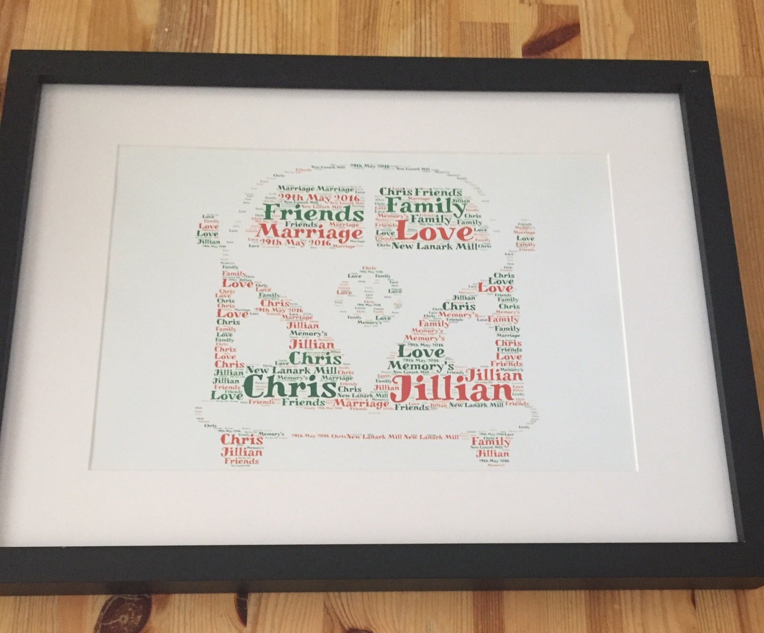 Framed word art VW camper design. Fully personalised gift idea