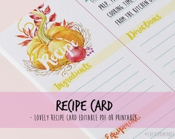 Recipe Card Shower Kitchen Editable PDF - Instant Download Recipe A4 and 4x6'' Watercolour pastel colours
