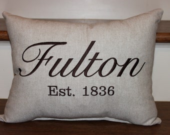 Town Established Pillow, City Established Pillow, Hometown Pillow, Personalized Name Pillow, Family Pillow, Embroidered Pillow, Town Pillow
