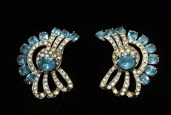 Wiesner Earrings Joseph Wiesner NY Clip On Earrings 1950s 50s Mid Century Vintage Hollywood Aquamarine Rhinestones Art Deco Revival Wedding
