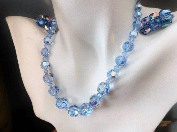 Vintage Aurora Borealis Necklace Earrings Blue Crystal Demi Parure Mid Century Hollywood Wedding