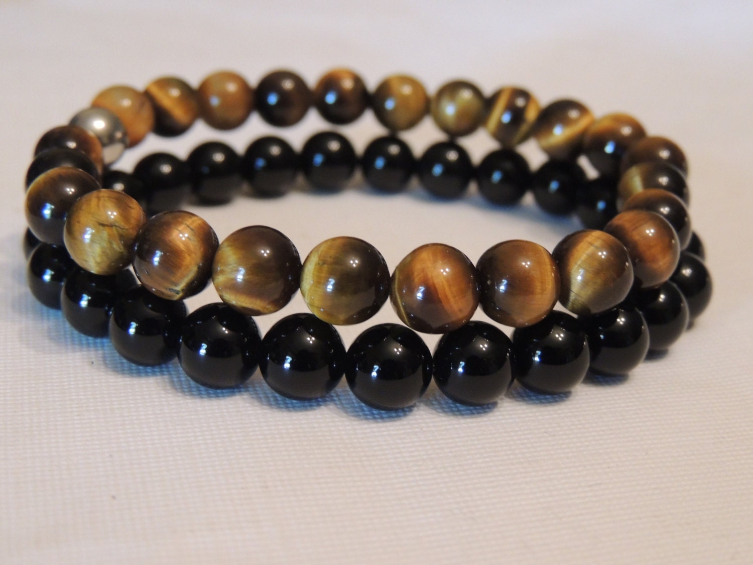 Tigers Eye & Black Onyx Agate Gemstone Stainless Steel Bead