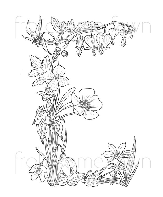 Items similar to Letter E Coloring Page for Adults Wildflower Coloring Page on Etsy