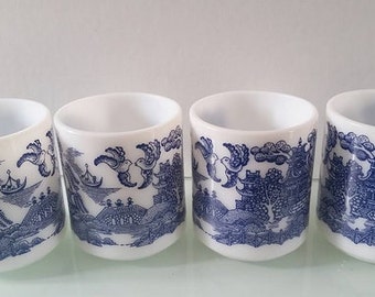 Hazel Atlas Platonite, Milk Glass Mugs, set of 4, blue and white