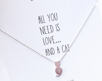 Cat Initial Necklace, tiny cat necklace, personalized cat necklace, cat necklace, cat lover gift, cat jewelry, gold, silver, cat, necklace