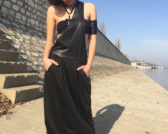 BDSM Clothing, Black Leather Jumpsuit, Harem Pants, Sexy Jumpsuit, Black Overall, Faux Leather Overall, One Shoulder Jumpsuit