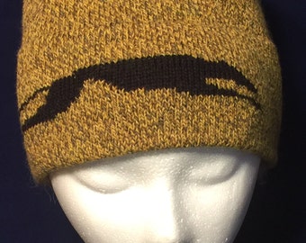 Beanie Hat in Mustardy Colors with Stretched Running Greyhound