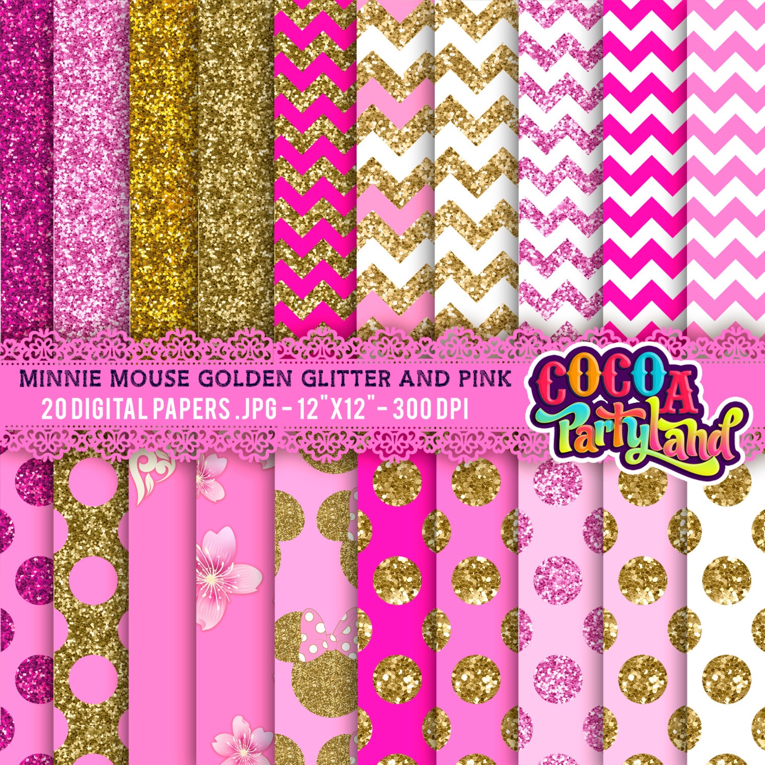 Minnie Mouse Gold Glitter and Pink Digital Papers by CocoaParty