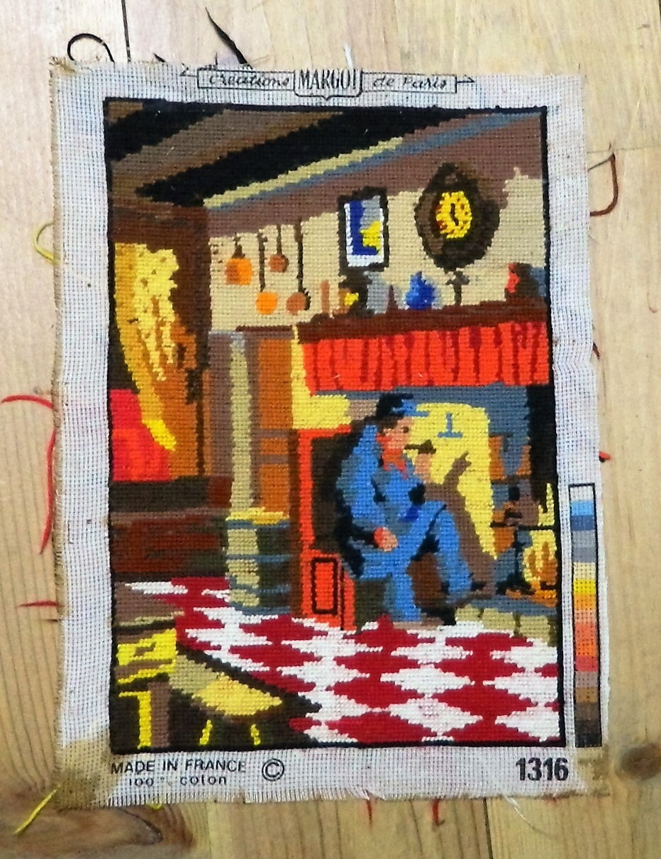 Vintage French Needlepoint Canvas Tapestry Wall Hanging