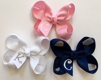 Set of 3 or 5 Small Monogrammed Hair Bows…Personalized 3 inch Boutique Bows with Embroidered Initial…You Choose Colors!!