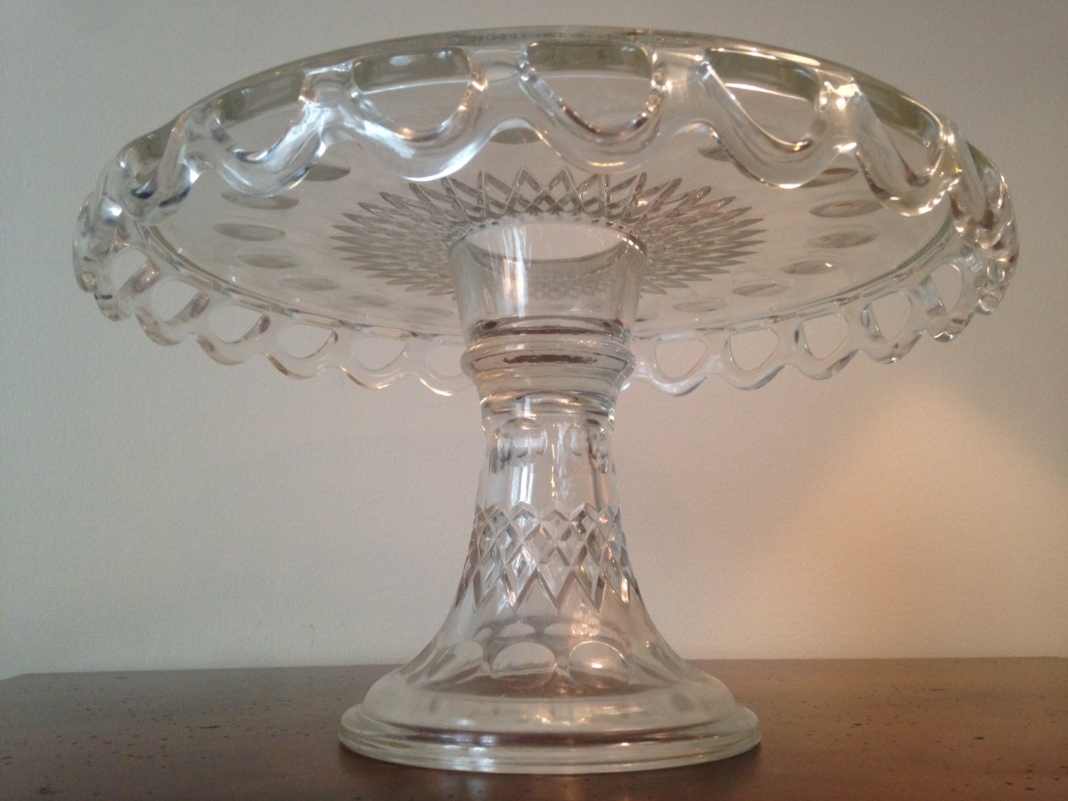 Lace Edge Clear Glass Cake Stand McKee Plymouth Lace