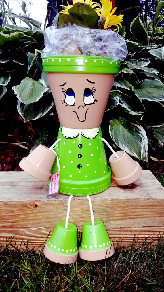 Green Clay Pot Person/Flower Pot Large by JustKraftz on Etsy