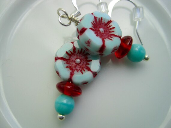 boho earrings, czech glass earrings, hawaiian earrings, blue and red earrings, flower earrings, pansy earrings, small flowers, casual