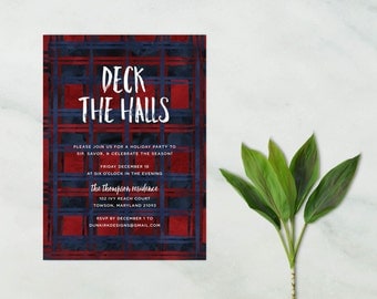 christmas party invitations // deck the halls invites // holiday party invites // tartan plaid // watercolor // printable // custom