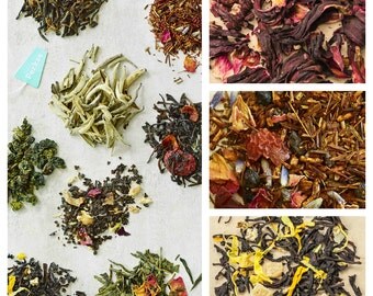 Loose Leaf Tea Sampler + 20 Tea Filters, You Pick 6 Organic Tea Set, Loose tea gift for her, Top Selling Mom Gift, bomboniere gift tea set