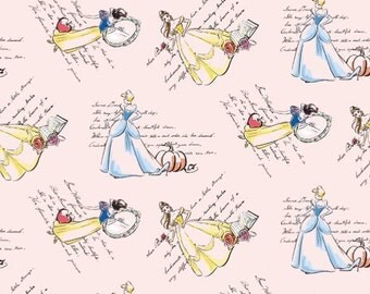 Disney Princess soft pink fabric, Disney fabric, Cinderella fabric, princess fabric, girls, cartoon fabric, Belle fabric
