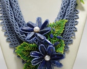 Gray and Blue Statement Beaded Necklace Scarf with Lazurite Flowers, Beading Holiday Necklace, Fashion jewelry, Womens Gift, Gift for Her Gray and Blue Statement Beaded Necklace Scarf with Lazurite Flowers, Beading Holiday Necklace, Fashion jewelry, Womens Gift, Gift for Her