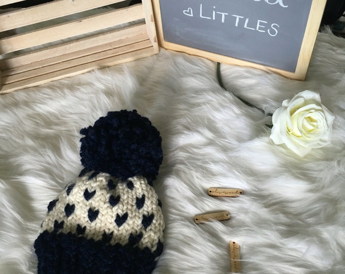 Newborn-toddler Fair Isle Knit Slouchy Baby Beanie Hat With Large Pompom//THE LITTLE TRAVELER//fisherman and Navy