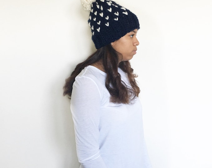 Knit Slouchy Beanie Hat with Pom Pom//THE TUMBLEWEED//Navy and Fisherman