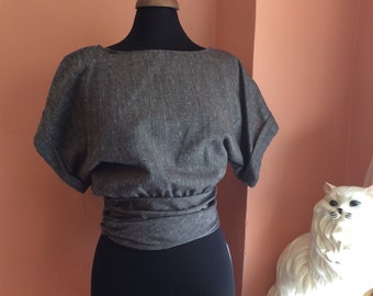 Vintage Blouse, Secretary Top, Grey, 80s Halloween (B210)