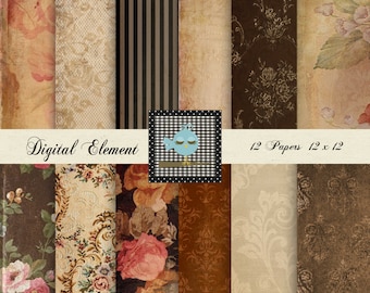 Digital Paper Vintage Scrapbook, Digital Floral Background Paper, Brown and Gold Shabby Rose Paper, Brown Floral Digital Paper. No. P57.DA