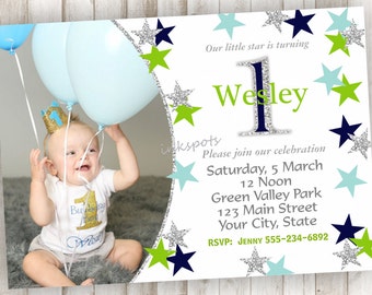 Boy First Birthday Invitation Silver and Navy 1st Birthday Invitation Boy 1st Birthday Invite Silver Glitter Printable Invite BOBR01