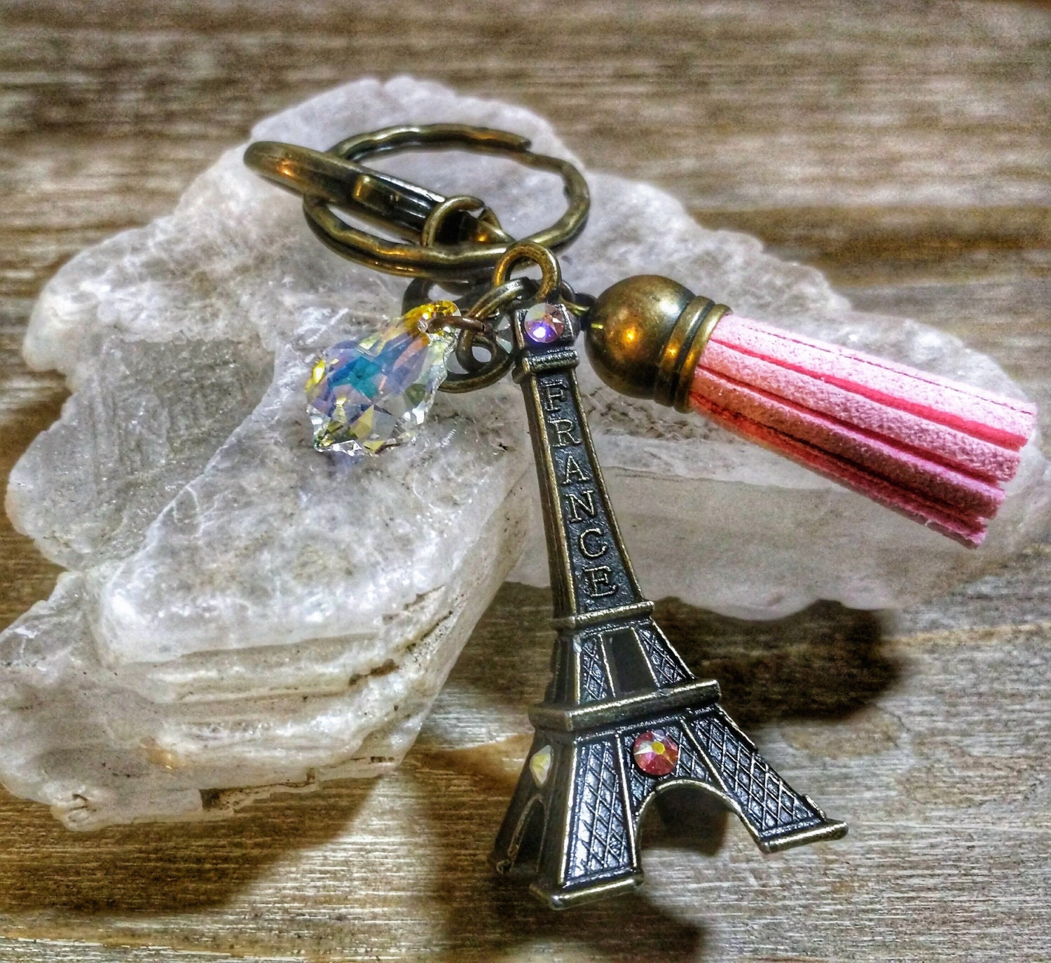 Vintage Bronze Eiffel Tower Keychain Swarovski Crystal Accents