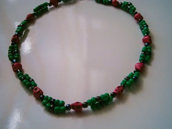 Beaded Necklace: Double Stranded Beaded Necklace with Pink Skull Beads