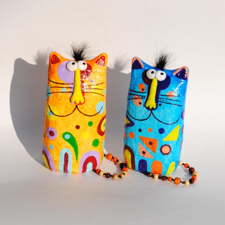 Cat figurine paper mache sculpture collectible cat by Nickcrafts