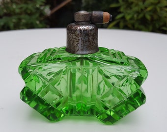 Ornate Art Deco Butterfly Shaped Uranium Glass Perfume Bottle - Possibly Czech