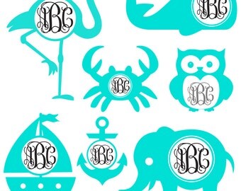 Preppy Pack - Monogram Frame Set Cutting Files in Svg, Eps, Dxf, Png, and Studio | Flamingo, Whale, Crab, Owl, Sailboat, Anchor and Elephant