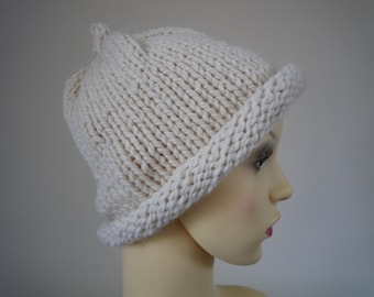 Cream hand knit hat, wool and alpaca