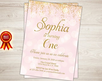 Pink and Gold birthday invitation, Gold Glitter Confetti 1st Birthday Invitation Girl Birthday Invitation, Kids birthday Printable invite
